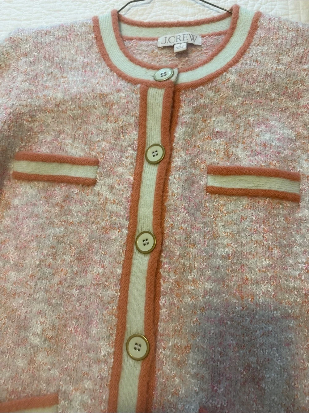 J. Crew peach Tweed Cardigan with Coral & Cream Trim